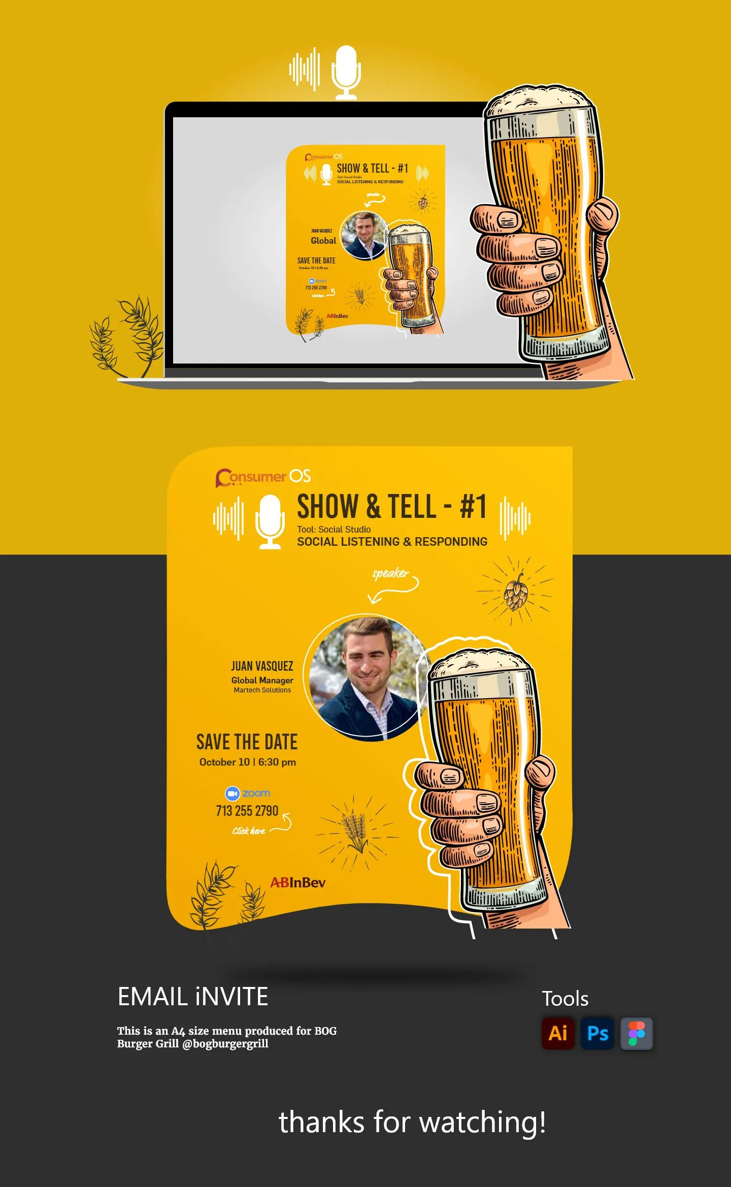 Peça de convite ilustrada, com uma mão segurando um copo de cerveja e os detalhes do evento: data, horário e link do Zoom