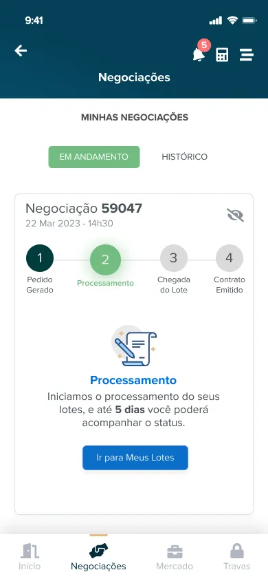 Tela de listagem de negociações em andamento