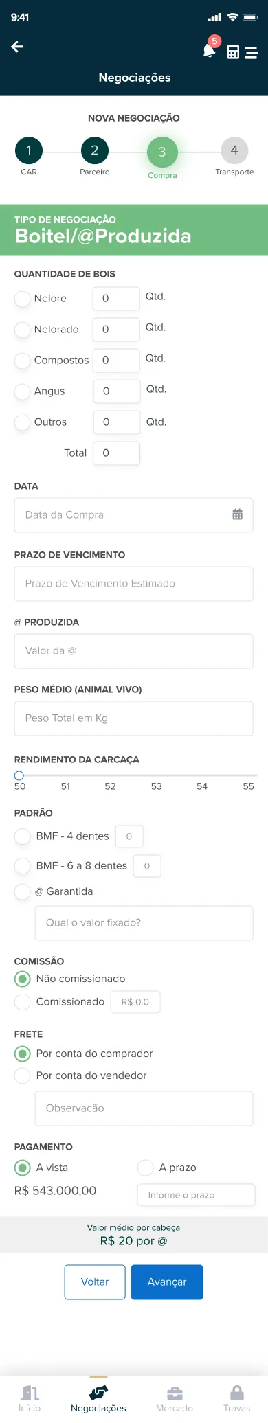 Protótipo de alta fidelidade do fluxo de nova negociação Boitel