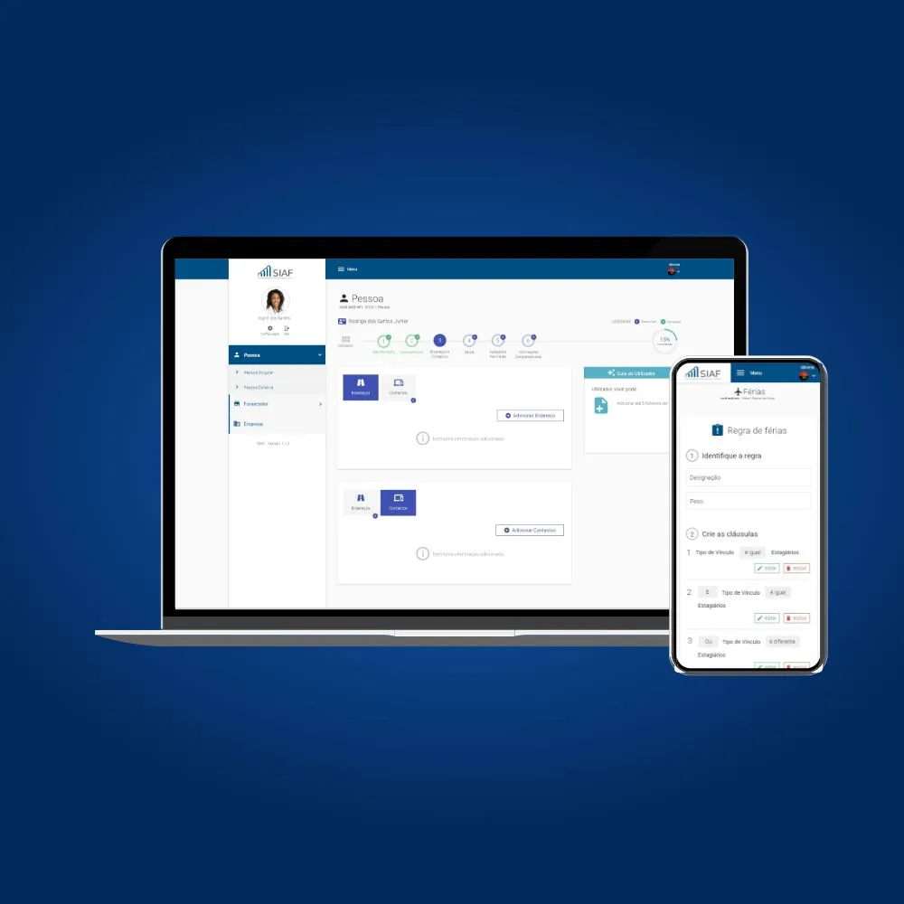 Mockup do sistema SIAF em laptop e celular, com tela de login e dashboard
