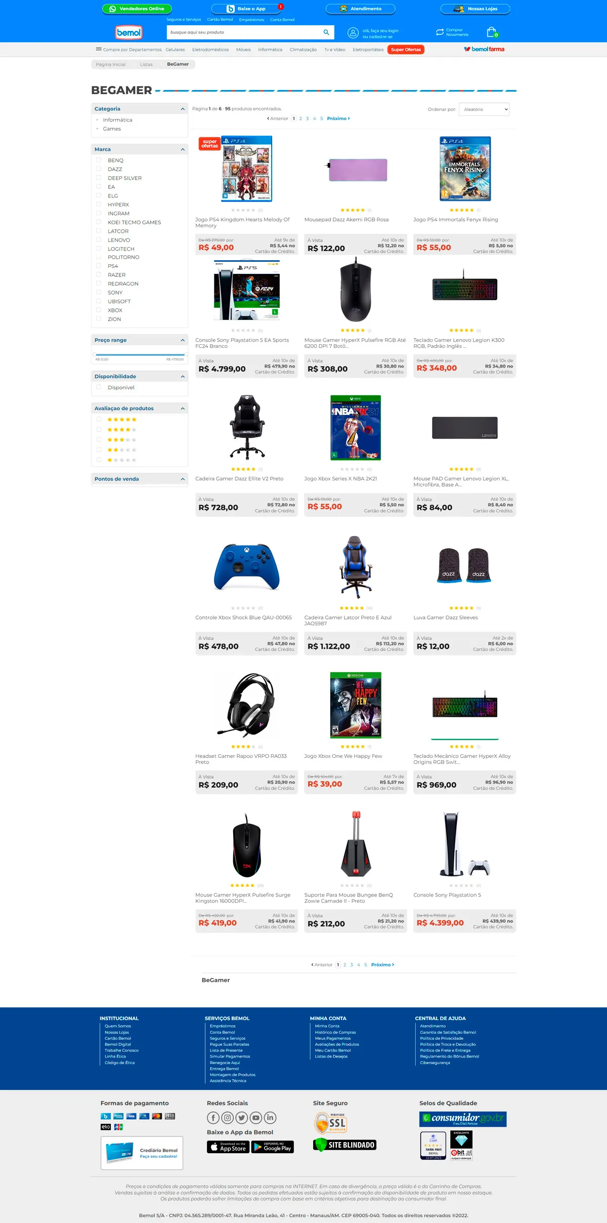 Página atual da categoria gamer da Bemol, antes do redesign
