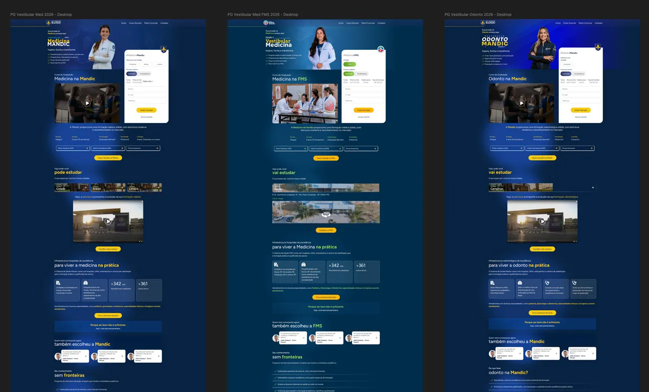 As 3 landing pages finais desenhadas no Figma, lado a lado