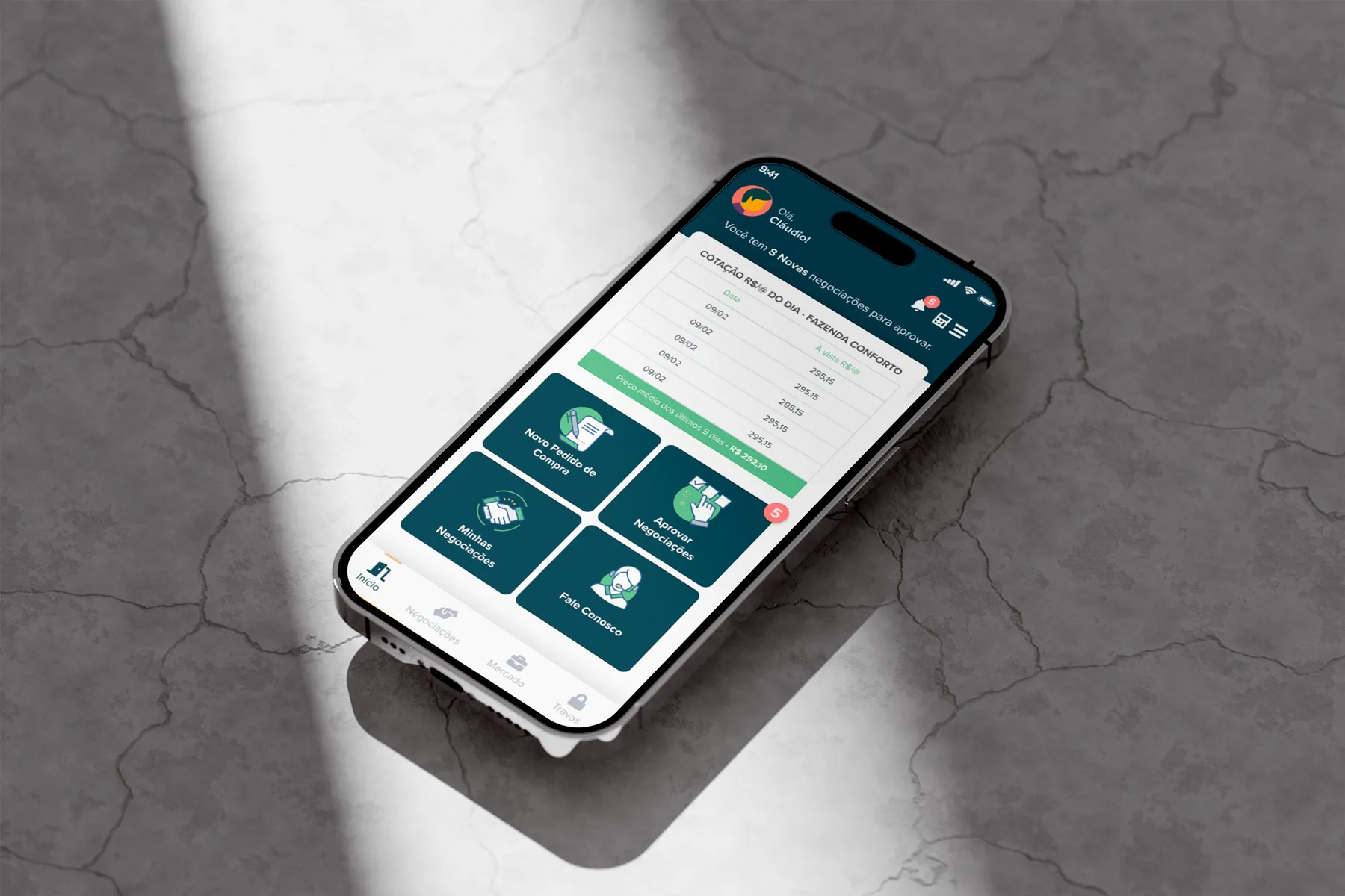 Tela inicial do app Probov mostrando o menu de negociações